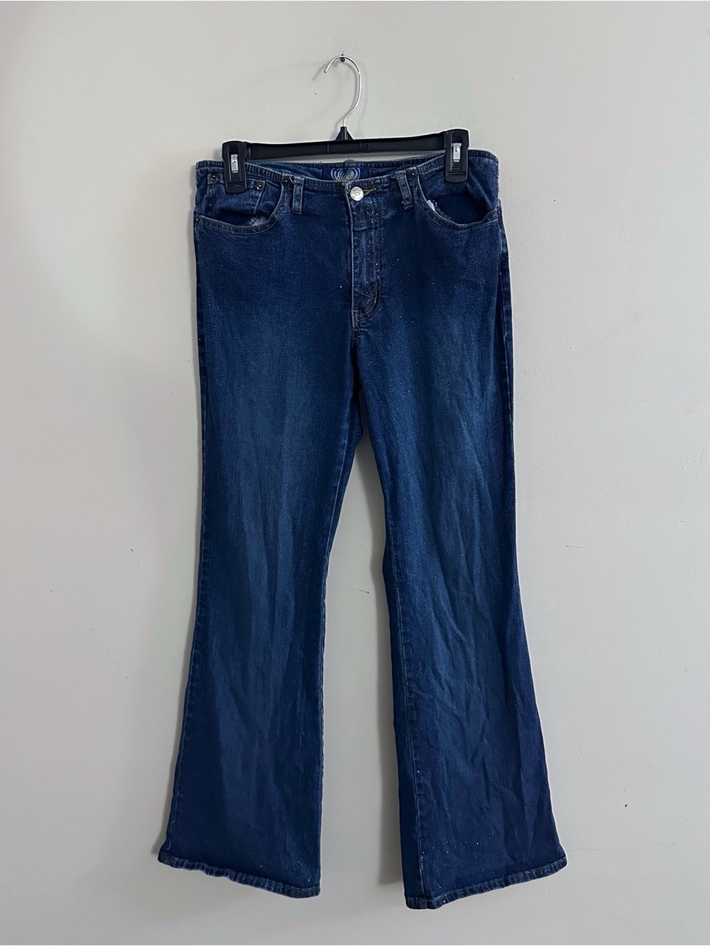 Y2K Angels Glitter Flare Dark Wash Jeans Low Rise Fall Indie Sleeze School